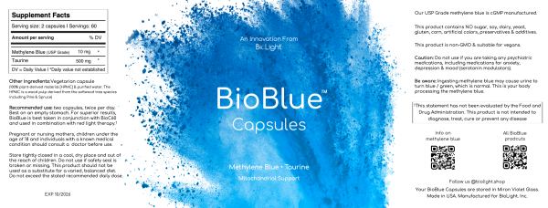 BioBlue Capsules | Methylene Blue Supplement - Support Brain Health & Mitochondrial Function | Red Light Therapy Synergist - USP Grade By BioLight Supply