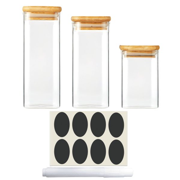 Berkware Square Food Storage Glass Jar Set with Bamboo Lids and Display Stand, 3 Piece Set by Cheer Collection Supply