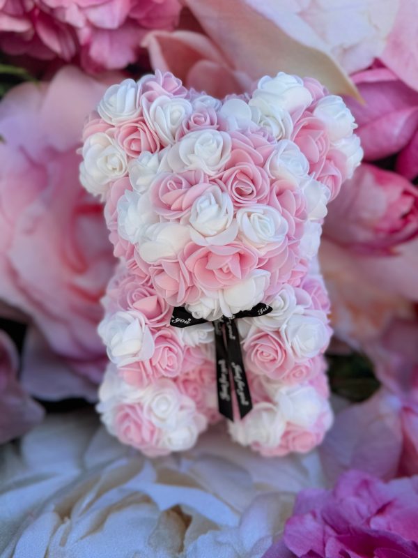 Artificial Preserved Rose Teddy Bear Pink & White 25cm Discount