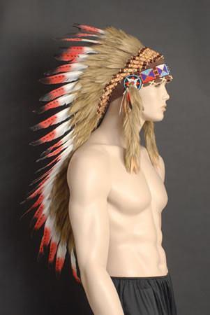 Indian Authentic Native American  Headdress with Red Feathers on Sale